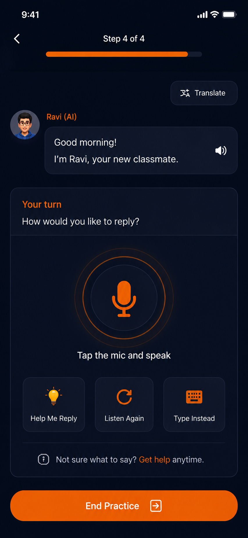 AngreziAI real-time AI conversation practice screen