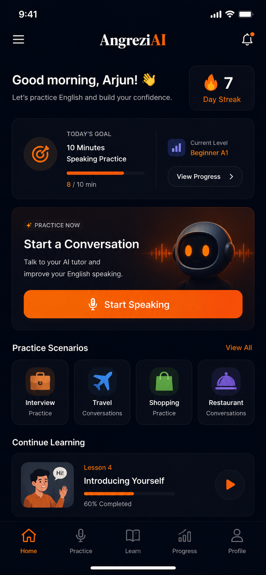 AngreziAI app home screen